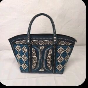 Elegant Blue and White Handbag, Banda Bag Tote, Embroidered